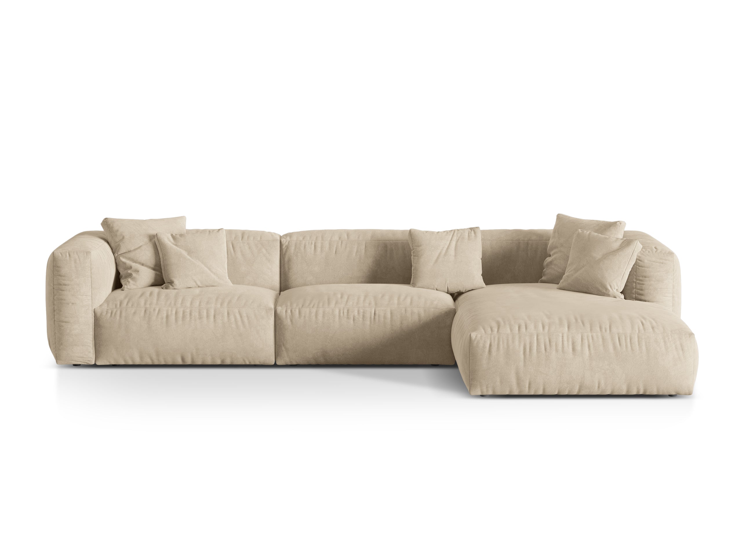 Micadoni Martina rohová sedačka 330 × 176 cm - Zamat Vogue (Vog1) - Svetlobéžová - Nohy: Čierny plast - Pravé prevedenie - Variant 76 cm